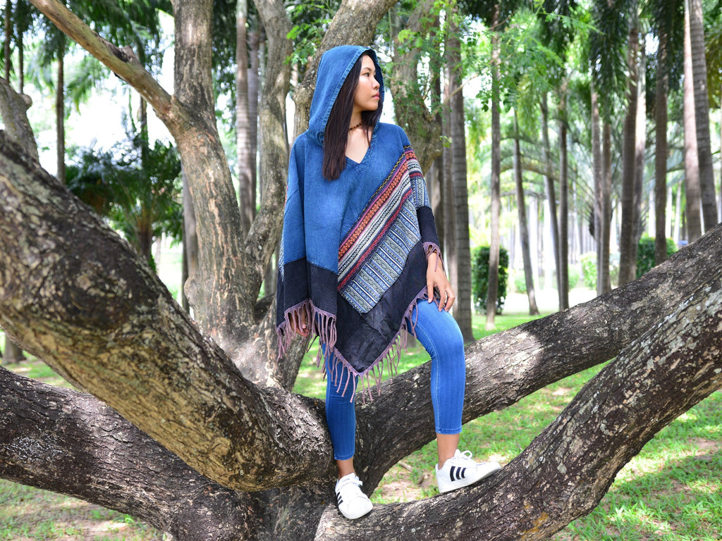 Poncho Hooded Boho Hippie Gypsy Style Women Men high quality wool Blue