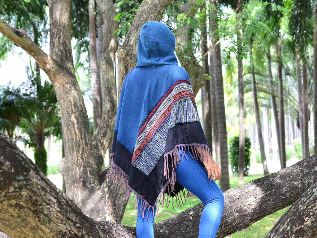 Poncho Hooded Boho Hippie Gypsy Style Women Men high quality wool Blue