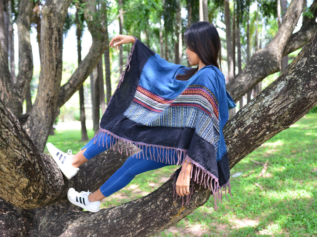 Poncho Hooded Boho Hippie Gypsy Style Women Men high quality wool Blue