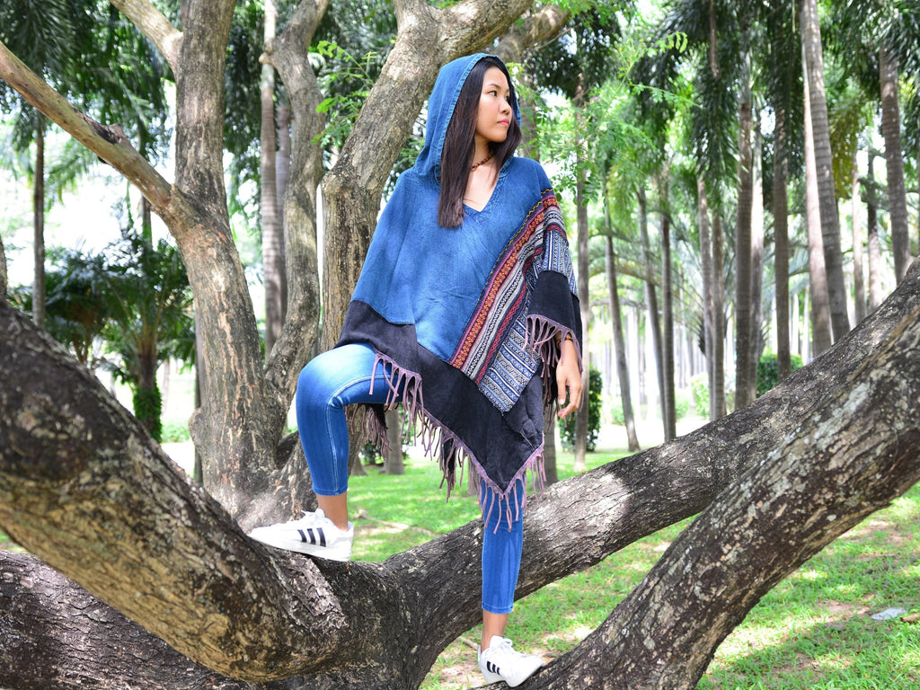 Poncho Hooded Boho Hippie Gypsy Style Women Men high quality wool Blue