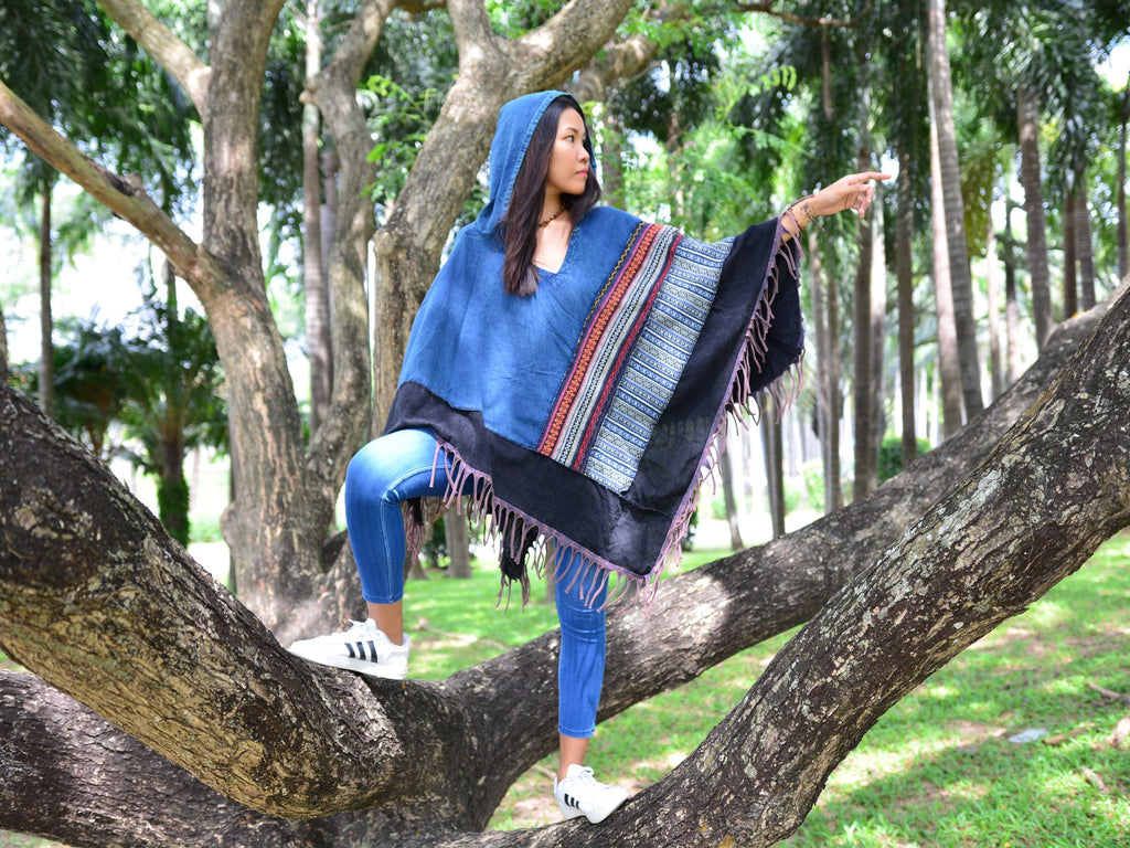 Poncho Hooded Boho Hippie Gypsy Style Women Men high quality wool Blue