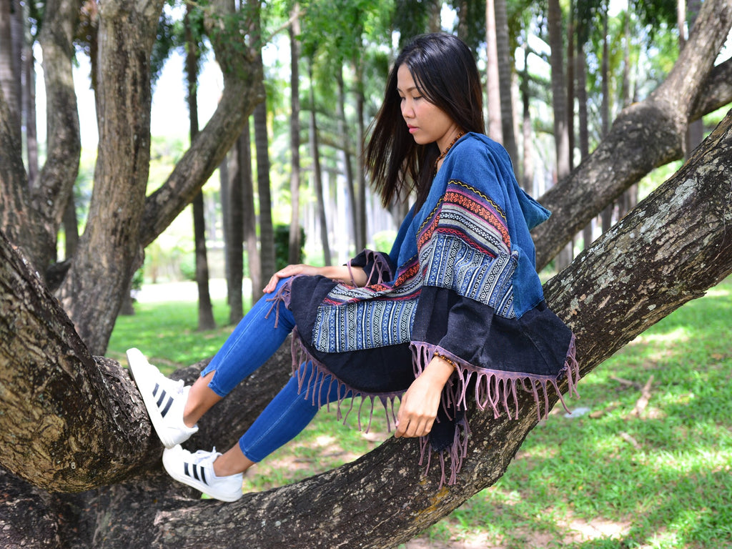 Poncho Hooded Boho Hippie Gypsy Style Women Men high quality wool Blue